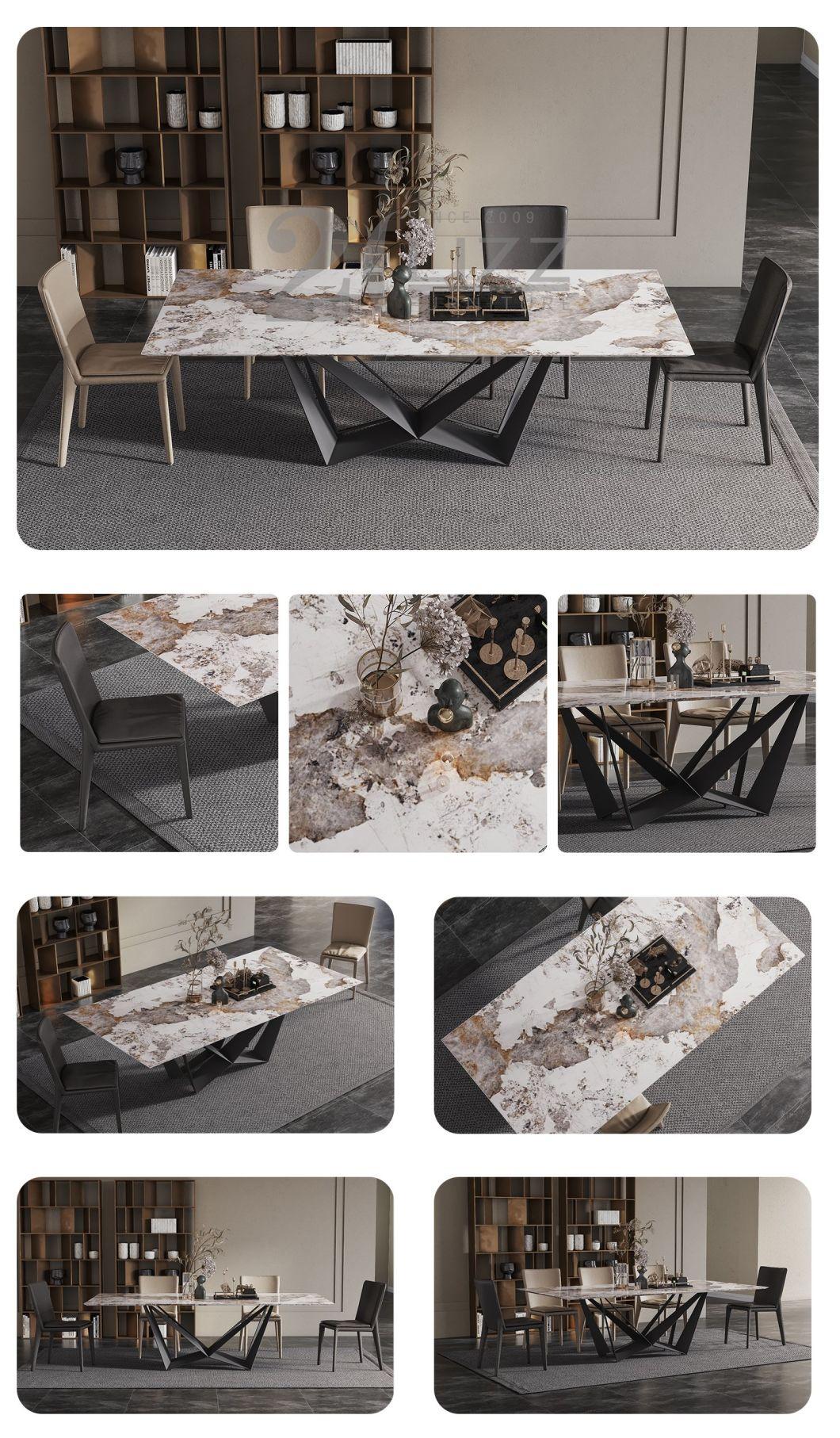 Italian Design Metal Home Furniture Modern Simple Style Marble Dining Room Table Set with Genuine Leather Chair