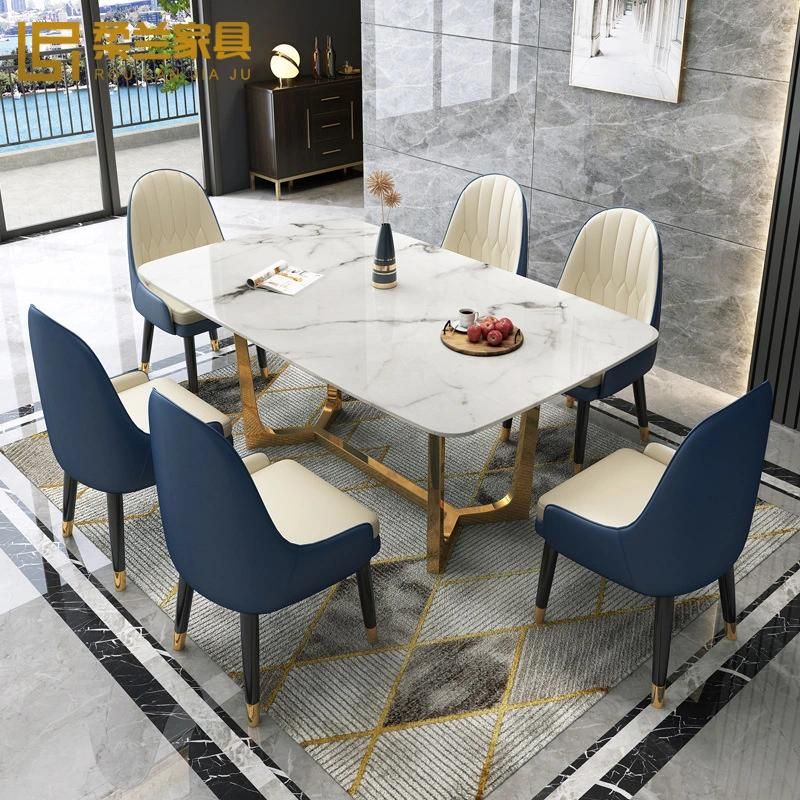 Modern Dining Room Furniture Rectangular Marble Top Gold Ss Table with 6 Chairs