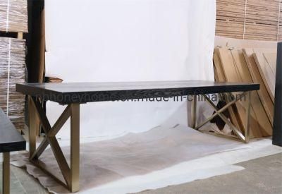 Nordic Oak Veneer Top Black Color Stainless Steel Gold Cross Leg Dining Table