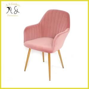 Modern Cafe Furniture Brass Metal Legs Pink Velvet Dining Armchair