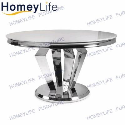 Modern Dining Table with Marble Top and Silver Metal Base