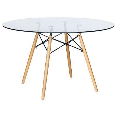 Modern Style Clear Glass Table Kitchen Coffee Table with Wood Legs