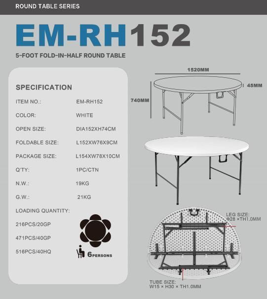 Dia 152cm /60inch Modern Wedding Hotel Furniture Metal Table Leg Plastic Restaurant Dining Round Folding Tables