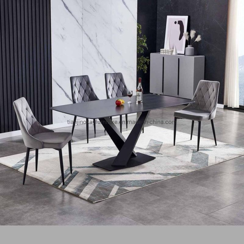 Marble Surface Slate Sintered Stone Top Modern Black Gold Color Ceramic Table with Metal Base Dining Table Sets