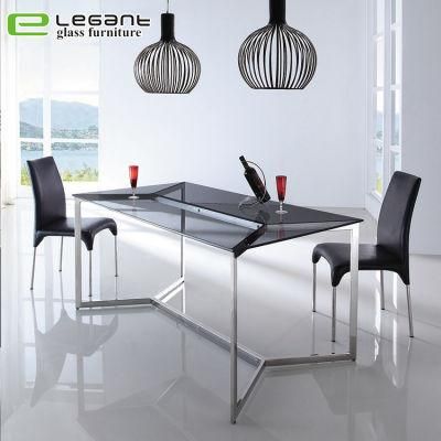 Square Grey Tempered Glass Dining Table with Stainless Steel Legs