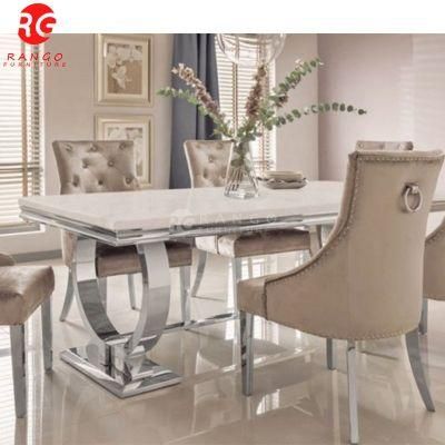 Luxury Silver Stainless Steel Legs Grey Modern Nature Marble Dining Table and Chair Sets