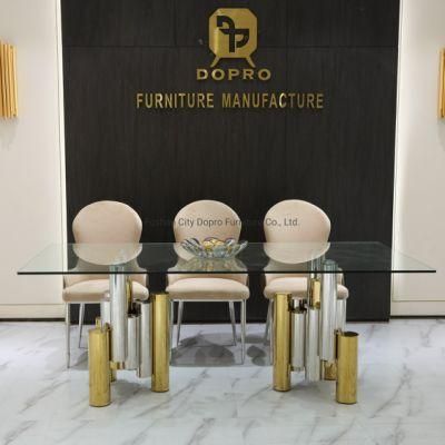Dopro New Design Stainless Steel Polished Gold Mixed Silver Colour Dining Table D1907 with Clear Tempered Glass