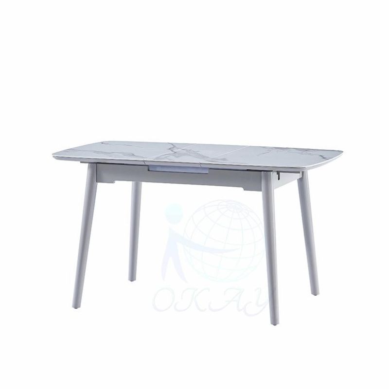 Okay Modern Minimalist Rectangular Extendable Sintered Stone Dining Table Set with Light Grey Marble Table Top Solid Ash Wood Frame