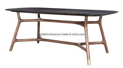 Modern Black Marble Top Dining Table with Wooden Base
