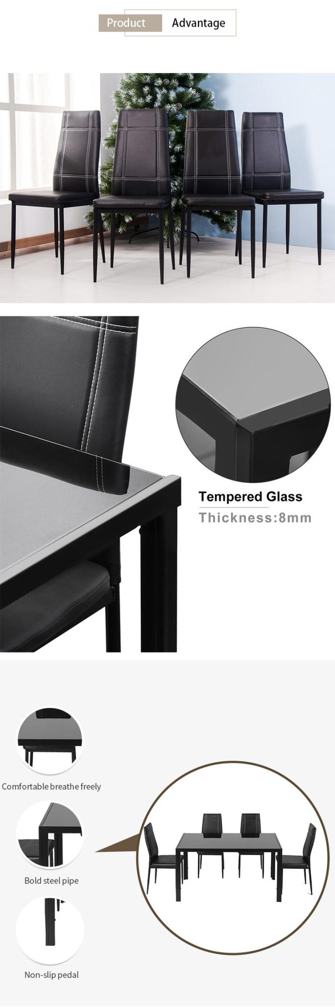 Modern Glass Dining Table with Faux Leather Chair for Home Furniture
