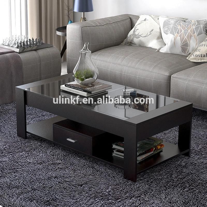 Wholesale Living Room Furniture Center Desk Black Coffee Table Glass with Drawer
