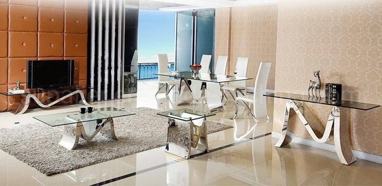 New Arrival Glass Dining Table of Matching Silver Metal Base