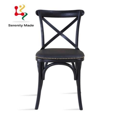 Wholesale Event Hire Furniture Black Wooden Cross Back Wedding Banquet Stackable Bentwood PU Leather Seat Dining Chair