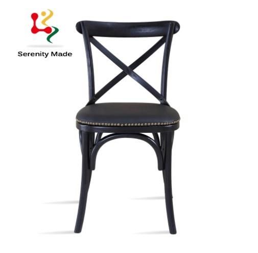 Wholesale Event Hire Furniture Black Wooden Cross Back Wedding Banquet Stackable Bentwood PU Leather Seat Dining Chair