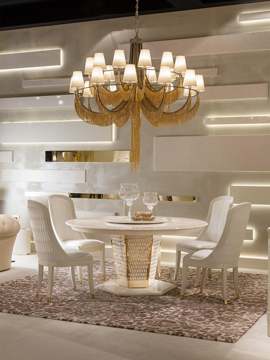 Italian Luxury Dining Room Wooden Base Fabric Upholstery Round Restaurant Table Dining Table with Rotating Center Stone White Marble Top