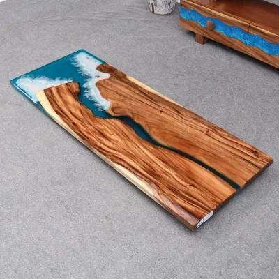Ready Made Amazing River Dining Table with Golden Stainless Steel Legs Ocean Style Live Edge Ambila Wood Clear Epoxy Resin Table