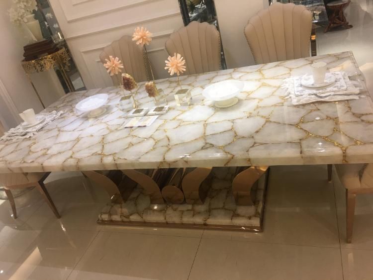 Luxury Indoor Semi Precious Stone Dining Table White Gemstone Onyx Table