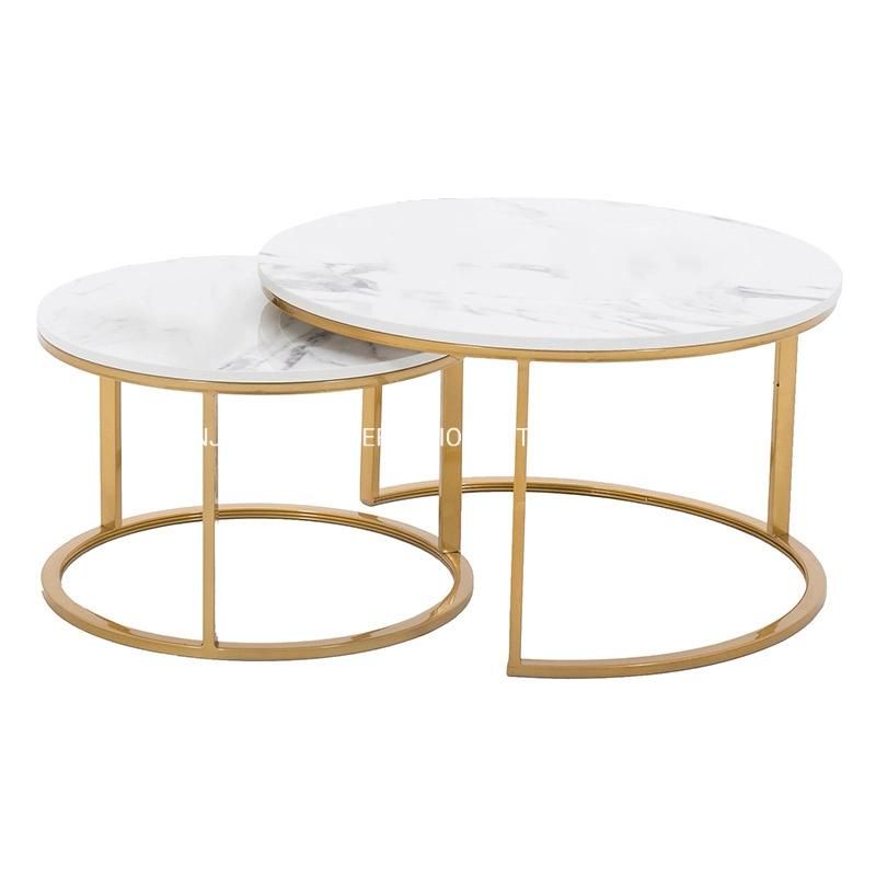 Popular Modern Dining Restaurant Table Luxury Polished Stainless Steel Gold Base Round Ceramic Top Coffee Table