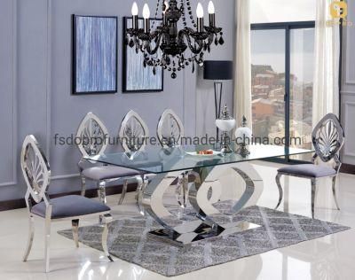 Home Furniture 8 Seats Glass Top Silver Stainless Steel Dining Table Set-D1808
