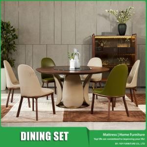 Round Walnut Wooden Dining Room Furniture Set with Glass Top Turntable