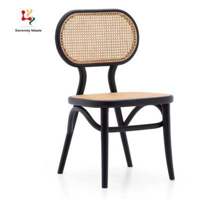 Nordic Style Black Color Oak Wood with Real Rattan Back Restaurant Dining Chair