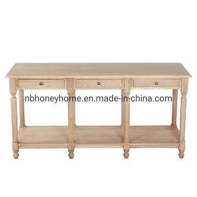 French Vintage 3 Drawers Oak Wood Console Table