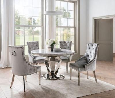 130cm Grey Round Marble Dining Table and 4 Velvet Chairs with Stainless Steel Legs