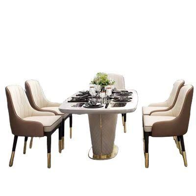 Simple and Modern Household Furniture Space Saving Black Iron Metal Foot Dining Table Stone Slate Top White Dining Table