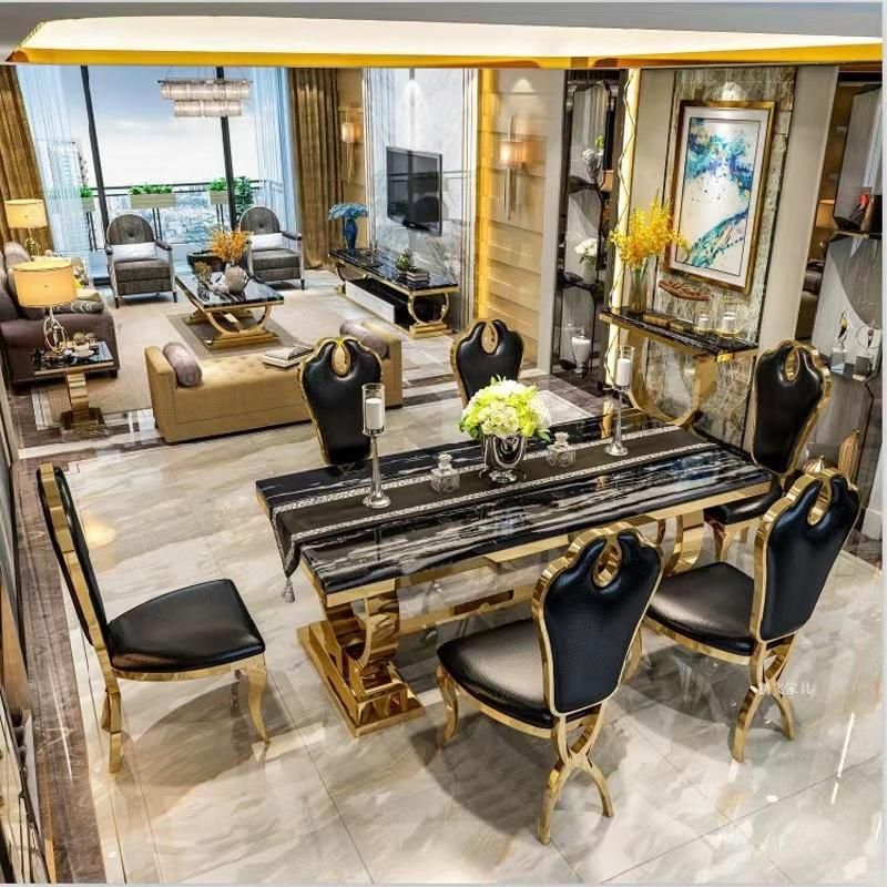 Living Room Furniture Home Hotel Restaurant Dining Set Marble Glass Top Metal Stainless Steel Pedestal Dining Chair Table