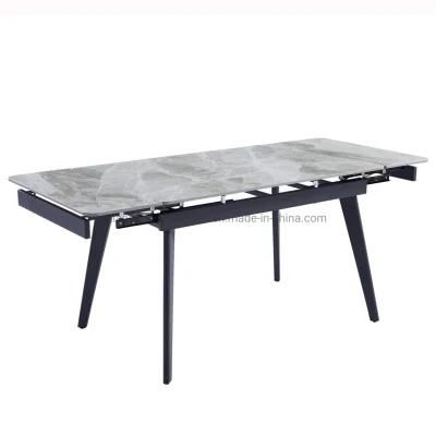 New Design High Gloss Face Ceramic Dining Table Two Side Top Extension with Black Metal Legs