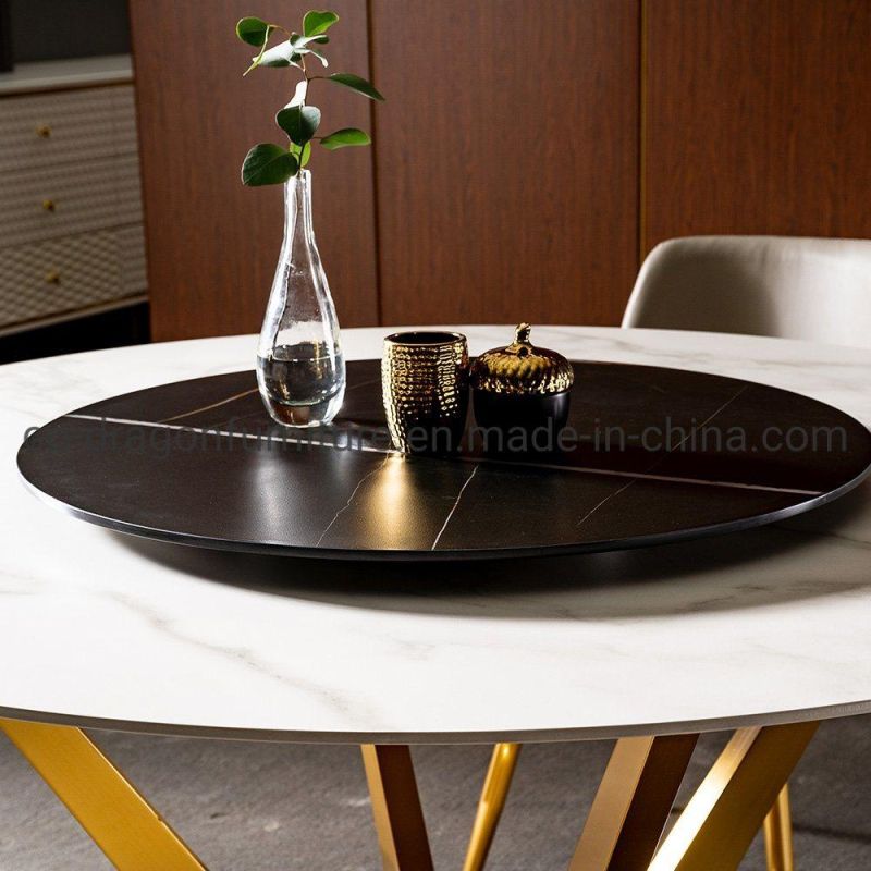 Modern Gold Stainless Steel Base Dining Table with Marble Top