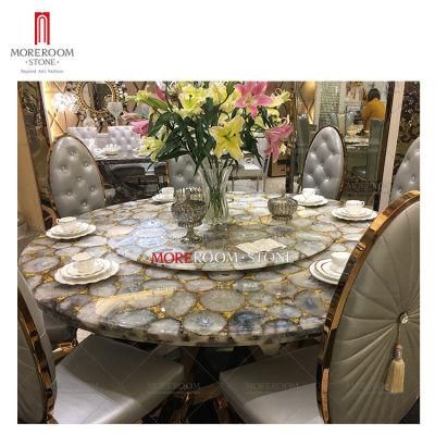 Luxury Villa Interior Semi Precious Stone White Agate Dining Table Set