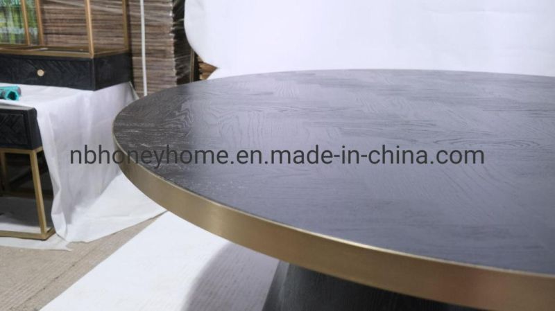 Europe Big Round Black Oak Veneer Base and Top with Gold Stainless Steel Dining Table