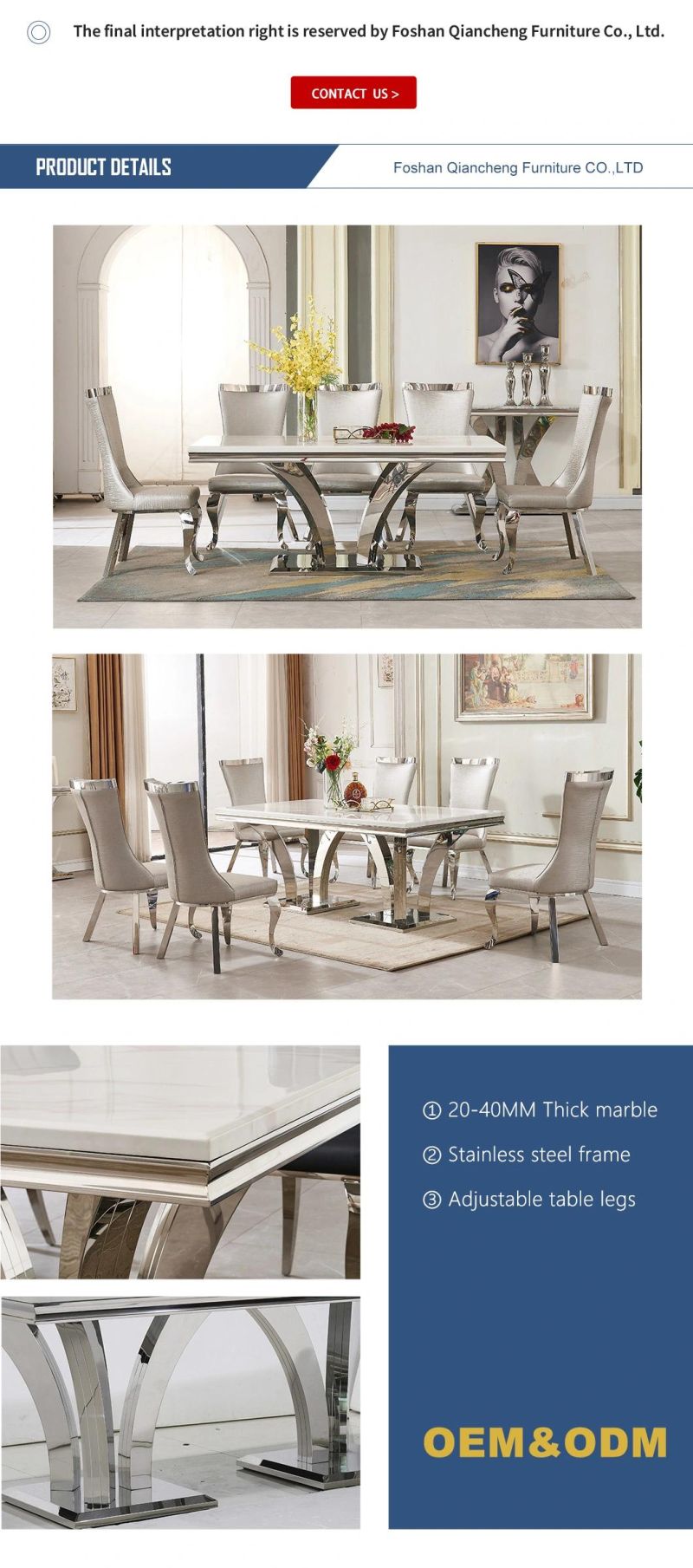 Fine Quality Interior Furniture Stainless Steel Base 8 Seater Chairs Table Modern Dining Table Set