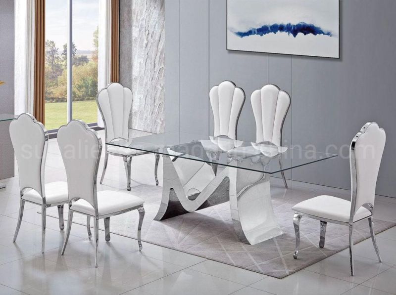 New Arrival Glass Dining Table of Matching Silver Metal Base