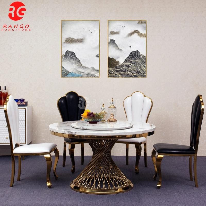 Golden Stainless Steel Marble Top Round Shape Roating Top Luxury Wholesale Dining Table with Leather Dining Chairs