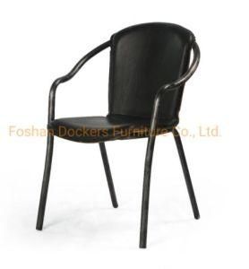 Industrial Loft Finished Iron Metal Frame High Back Simple Design Full Leather Dining Chair