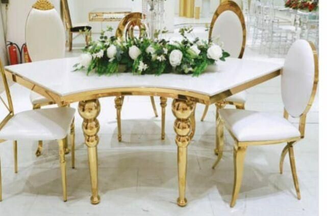 Modern Style Round Tempered Glass Marble Top Dining Set Wedding Chair Furniture Household Ball Stainless Steel Legs Base 124 Seat People Dining Table