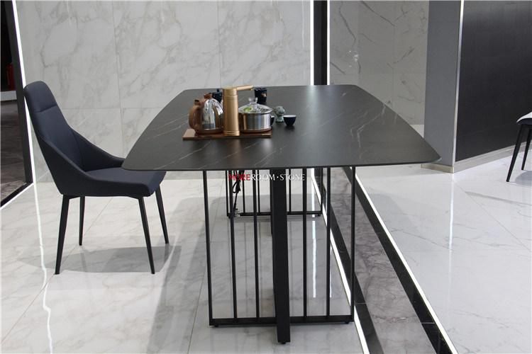 Big Size Custom Black Marble White Golden Veins Rectangle Porcelain Tile Dining Table Set