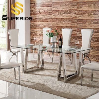 Modern Stainless Steel Frame Glass Dining Table Set with Chairs