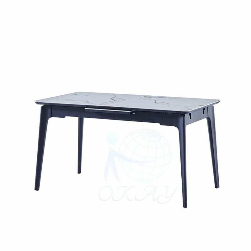 Hot Selling Popular Design Sintered Ceramic Stone Withe Black Top Wooden Leg with Powder Coated Dining Table