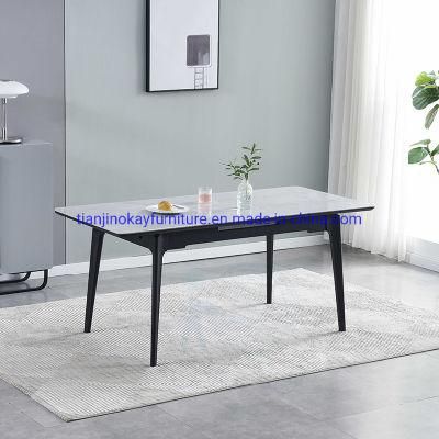 Modern Minimalist Rectangular Extendable Sintered Stone Dining Table Set with Light Grey Marble Table Top Solid Ash Wood Frame