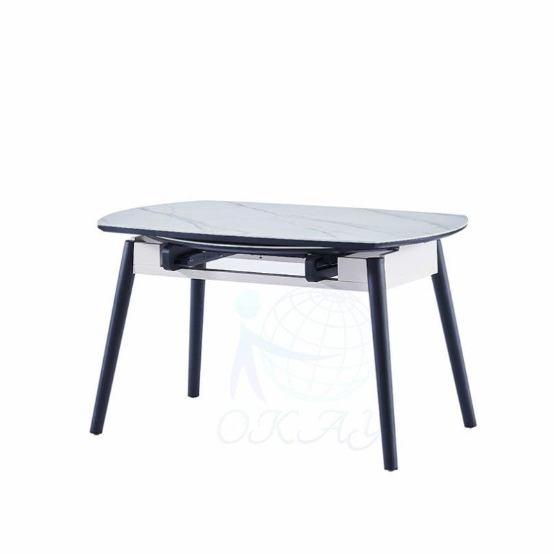 Modern Extendable Round Ceramic Plate Dining Table Set 6 People with Marble Look Tabletop Solid Oak Wood Frame Induction Cooker