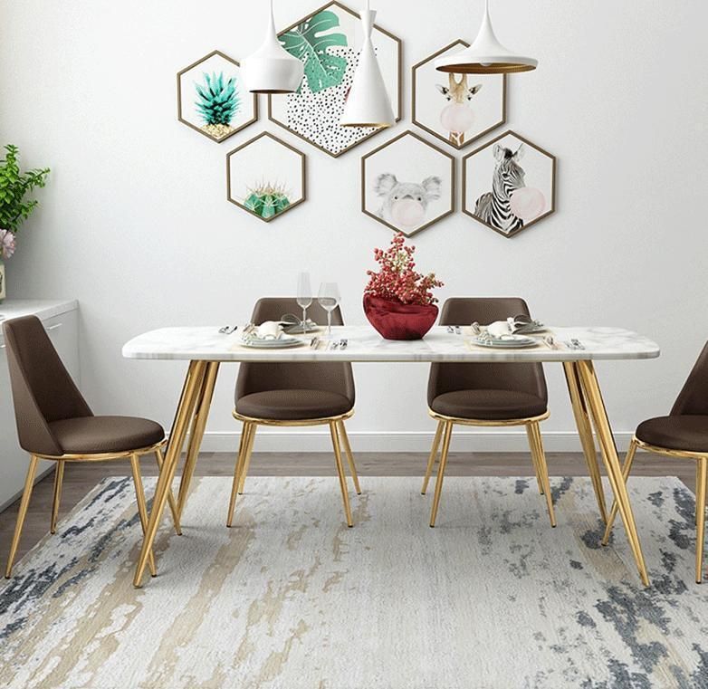Modern Design House Furniture White Polished Marble Dining Table with 6 Chairs Golden Frame for Dining Room