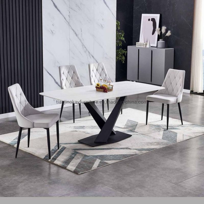 Marble Surface Slate Sintered Stone Top Modern Black Gold Color Ceramic Table with Metal Base Dining Table Sets