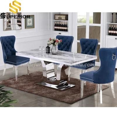 White Marble Dining Table Chairs Sets with Golden Steel Frame