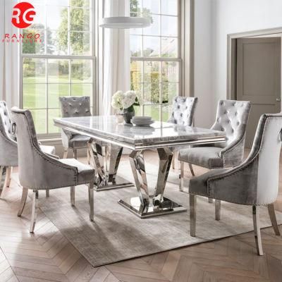 Home Furniture Luxury Grey Marble Top Dining Table Chrome Legs and Fabric Dining Table with Handle