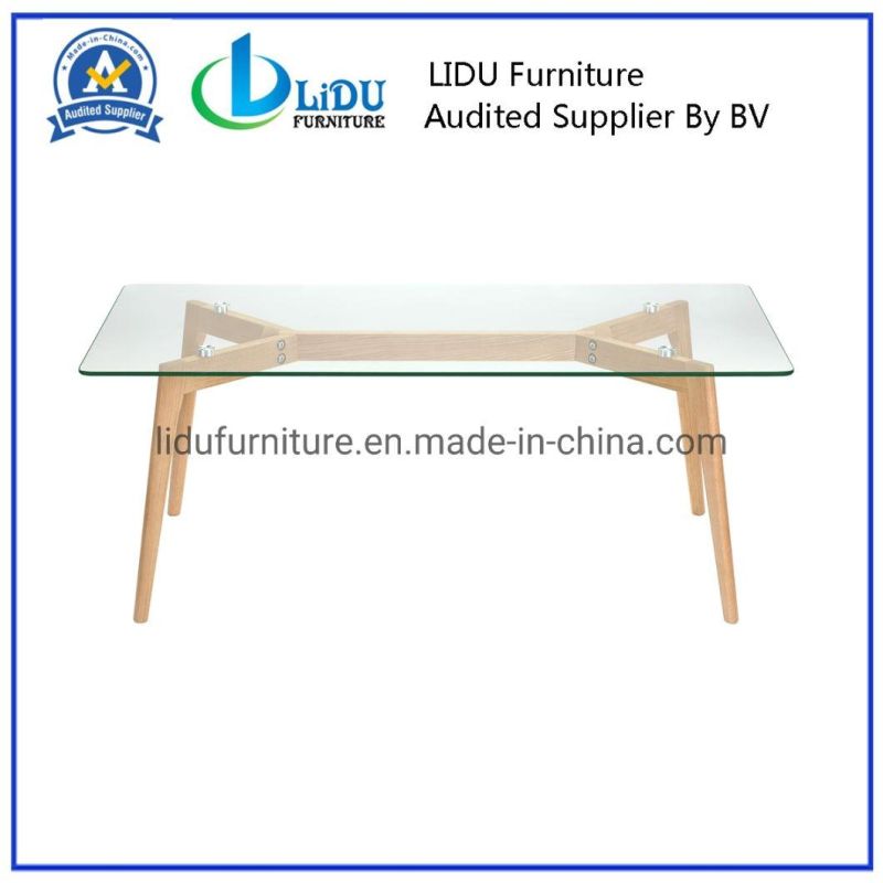 Best Price Glass Transparent Round Coffee Dining Table with Wooden Legs Dining Table Set