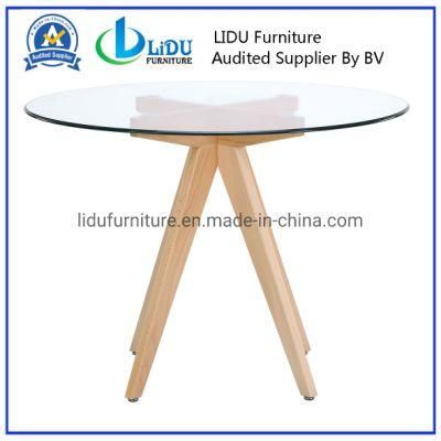 Dining Table Best Price Glass Transparent Round Coffee Dining Table with Wooden Legs Dining Room Set