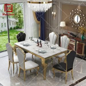 Banquet Furniture Tables Stainless Steel Marble Chrome Silver Louis Dining Table Set 6 Chairs